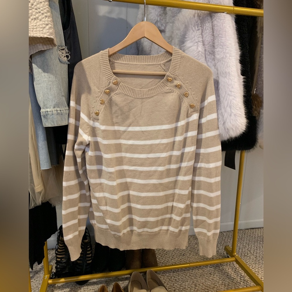 Striped Beige Sweater with Button Accents